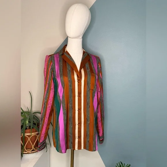 Sézane Multicolor Striped Button Down Blouse Copper Pink Green Parisian Chic S - Picture 2 of 12